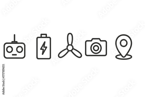 Drone icon set. Minimalist line art with remote, battery, propeller, camera, GPS location pin. Vector graphic collection for UAV technology, aerial photography, and navigation.