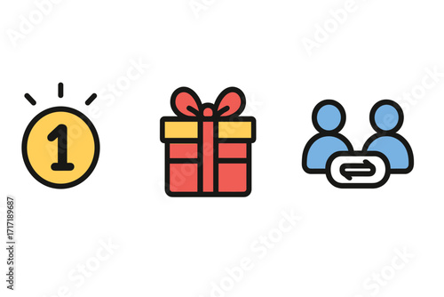 Loyalty program icon set for customer rewards. Bonus points coin, prize gift box, and user referral link symbols. Simple vector illustration for marketing and promotion design.