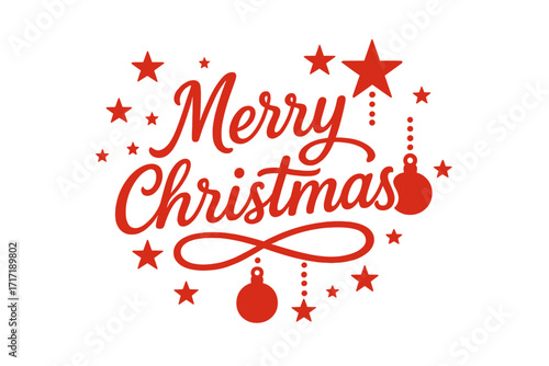 Merry Christmas calligraphic hand written text. Happy Xmas greeting card vector design. Festive holiday typography with red stars and hanging christmas ball decoration.