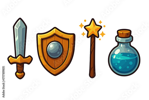 RPG fantasy game icons set. Magical adventure items. Cartoon vector illustration of a sword, shield, magic wand, and potion bottle. UI assets for role-playing games.