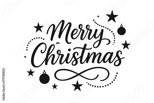 Merry Christmas calligraphic lettering. Handwritten script text for holiday greeting card. Festive Xmas typography design with stars and balls. Black and white vector illustration.