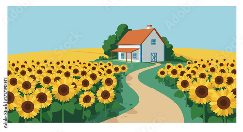 Charming white house nestled amongst a vibrant field of sunflowers
