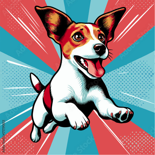 Joyful Jack Russell Terrier leaping in retro pop art vector illustration, emotional dog