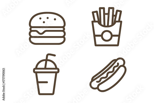 Fast food icon set. Minimalist line art vector illustration of popular snacks like hamburger, french fries, soda drink, and hot dog. Simple outline symbols for a restaurant menu.