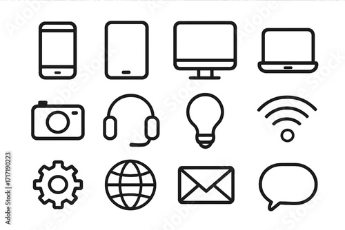Technology and communication minimalist icon set. Black linear vector symbols for web design, UI, app. Includes phone, computer, camera, mail, wifi, and internet icons.