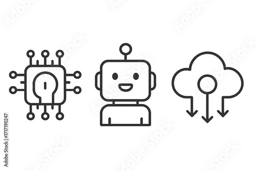 AI technology line icon set. Vector illustration of chatbot, cloud computing data download, and artificial intelligence processor with idea lightbulb. Minimalist graphic signs.