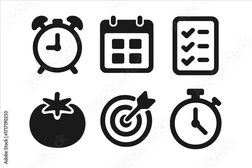 Time management icon set for productivity. Pomodoro Technique tomato timer. Vector goal setting concept with target, calendar schedule, alarm clock, stopwatch and checklist.