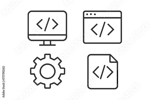 Coding and programming line icon set. Vector illustration for web development, software, and app design concepts. Includes monitor, browser window, settings gear and code file symbols.