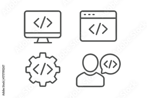Coding and programming line icon set. Vector illustration for software development concepts. Web design signs, developer symbol, API integration, and user interface elements.