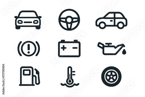 Car service and maintenance icon set. Automotive line art symbols for dashboard, mechanic, and transport concepts. Includes battery, oil, fuel, tire, brake, and temperature.