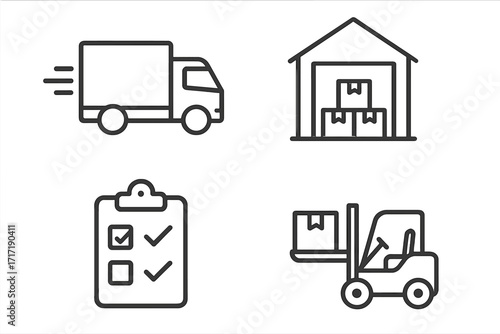 Logistics and warehouse line icon set. Supply chain management. Delivery service vector icons. Shipping, transport, storage, forklift, checklist. Minimalist illustration.
