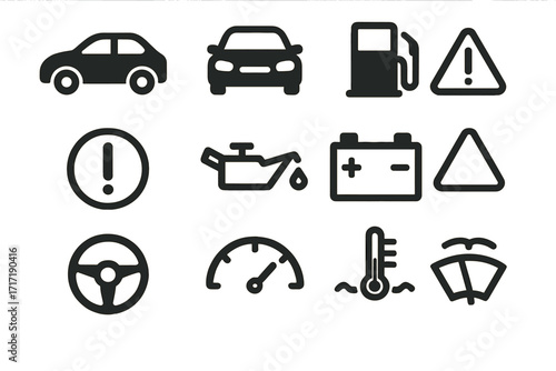 Car dashboard icons set. Automotive warning symbols. Vehicle service pictograms collection. Minimalist line icon illustration for oil, battery, fuel, temperature, alert.