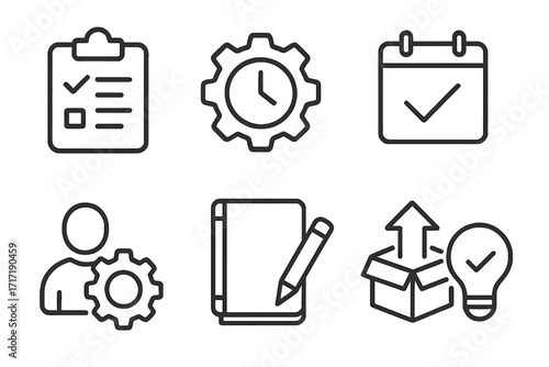 Productivity and time management line icon set. Business organization and task planning symbols. Minimalist vector icons for web and apps. Checklist, calendar, idea concepts.