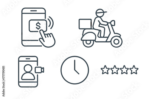 Online services line icon set. Mobile payment, courier delivery, video conference call, clock timer, and star rating symbols. Minimal vector pictogram for business apps.