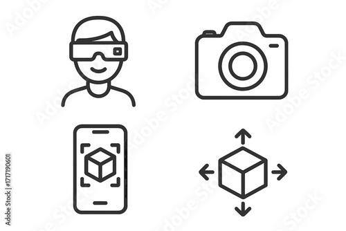 Minimalist technology icon set featuring augmented reality headset, camera, 3D cube scanning on smartphone, and 3D model manipulation vector illustration with transparent background, ordered set