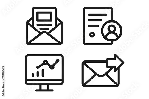 Email marketing icon set. Minimalist line art for newsletter campaign, subscriber list, and data analytics. Simple vector graphic for digital communication and promotion.