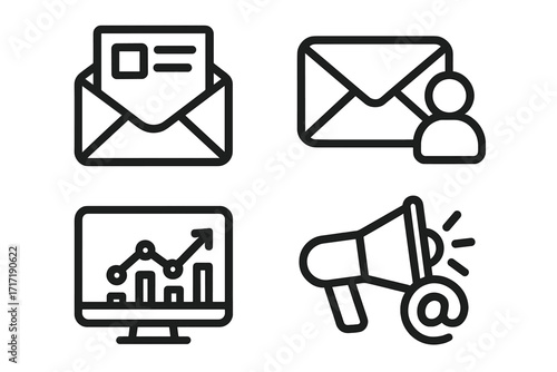 Email marketing icon set. Minimalist line icons for newsletter, subscriber list, analytics, and promotion campaign. Digital marketing, business communication vector symbols.