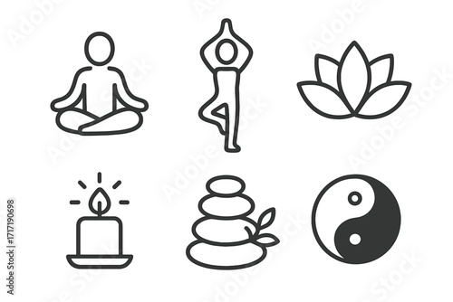 Minimalist yoga and meditation icons set, wellness symbols for relaxation and balance, vector cartoon illustration, spiritual harmony, mindfulness, serene lifestyle