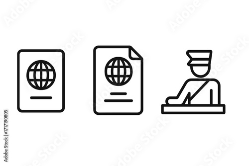 Travel icon set with passport, visa, and customs officer. Minimalist line art vector illustration for airport security, border control, and immigration. Tourism document symbols.