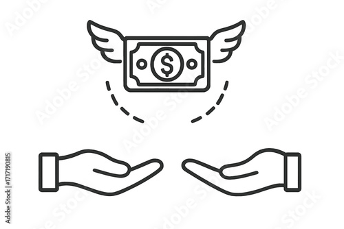 Money vector icon with banknote flying from sender to receiver, dollar bill with wings, concept of money transfer, wealth, investment, finance, digital currency and financial transaction illustration