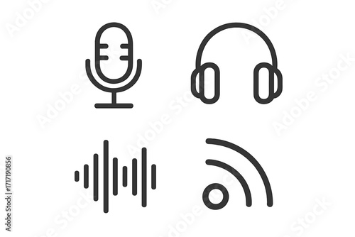 Minimalist podcast icons set with microphone, headphones, sound wave, and RSS feed symbols, vector cartoon illustration, modern digital audio broadcast elements, transparent background