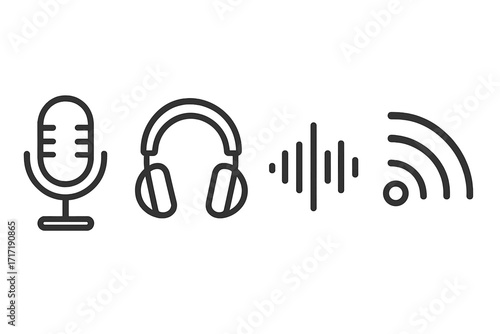 Minimalist podcast icons set with microphone, headphones, sound wave, and RSS feed symbols, vector cartoon illustration, transparent background, ordered audio media elements collection