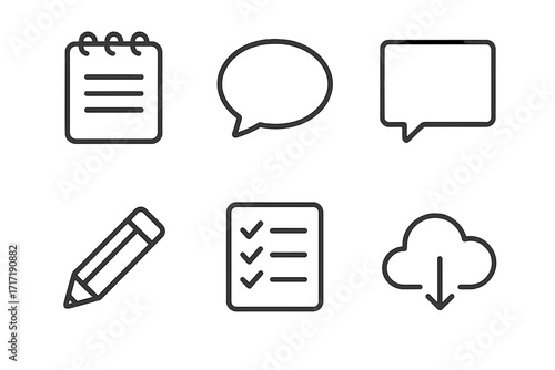 Minimalistic line icon set for business and communication. Vector symbols for notepad, speech bubble, message, pencil, checklist, and cloud download for UI UX web design.
