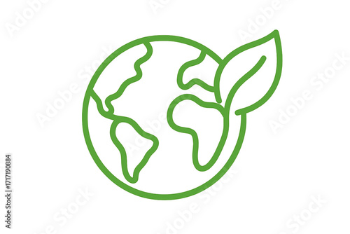 Green planet earth with leaf icon, vector thin line illustration of eco friendly nature care, global environmental protection and climate awareness concept design