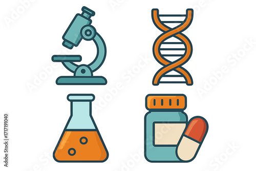 Pharmaceutical research icons set with microscope, DNA strand, chemical beaker, and medicine bottle in flat style, cartoon vector illustration for science and medical concepts