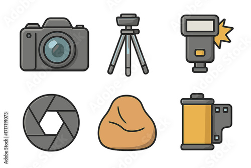 Photography icons set with camera, tripod, flash, shutter, bean bag, and film roll. Vector cartoon illustration with transparent background. Photography equipment and studio accessories collection.