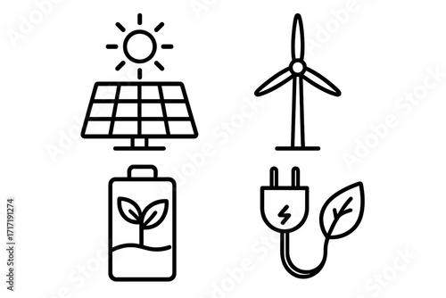 Simple line icons of renewable energy sources and eco-friendly technology, solar panel, wind turbine, green battery, eco plug with leaf, vector cartoon illustration set with transparent background