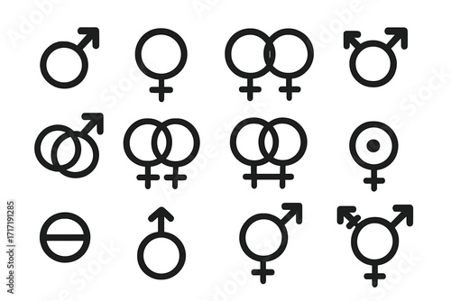 Set of gender and sexual orientation symbols, LGBTQ+ pride icons, inclusive gender identity signs, male female transgender bisexual vector illustration with transparent background