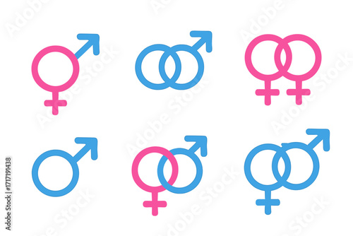 Set of sexual orientation vector symbols, pink and blue male and female gender icons, LGBTQ+ pride graphic elements, heterosexual, homosexual, bisexual couples, inclusive vector illustration