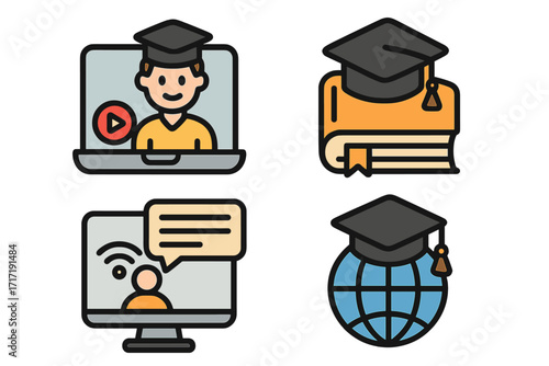 Simple icons for online education and e-learning platforms, vector cartoon illustrations, digital learning concept, distance education, virtual classroom, graduation cap, global education symbols