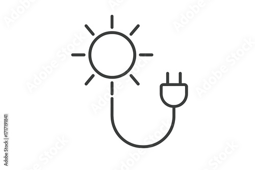 Solar power concept icon with sun and electric plug. Renewable energy symbol vector illustration. Clean sunlight electricity. Sustainable, alternative energy source outline design.