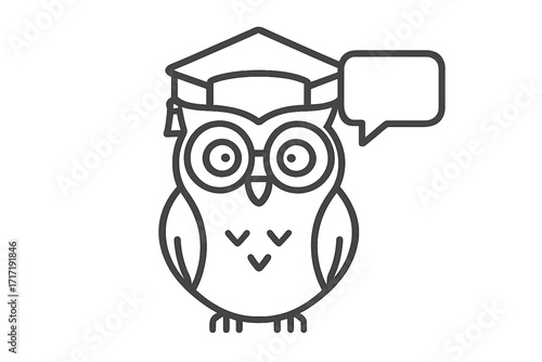 Smart owl with academic cap and speech bubble, school student education vector icon, thin line illustration of wise owl in graduation hat talking, knowledge concept, transparent background
