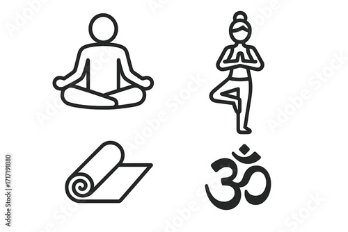Minimalist yoga and meditation icon set with yoga mat, Om symbol, meditation pose, and tree pose silhouette, vector cartoon illustration for wellness and mindfulness concept