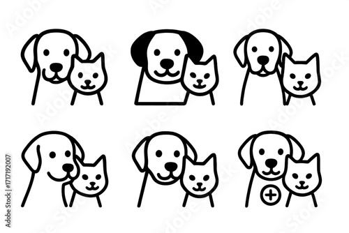 Vector icon illustration of dog and cat heads together in six unique styles, pet shop, veterinary care, animal shelter, medical and pet services, animal friendship concept