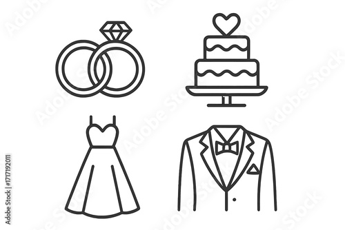 Modern linear wedding icons set featuring elegant diamond rings, romantic heart cake, classic bridal dress, and stylish groom tuxedo, vector cartoon illustration, transparent background