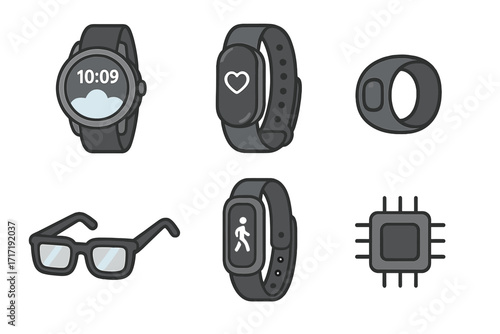 Smart wearables collection with smartwatch, fitness band, smart ring, smart glasses, activity tracker, and microchip icons, vector cartoon illustration on transparent background, technology gadgets