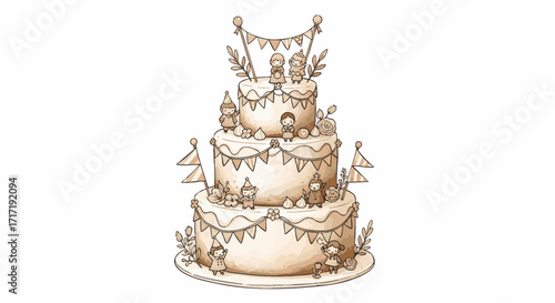 Three-tiered Cake Illustration Festive and Decorative Design with Bunting and Embellishments