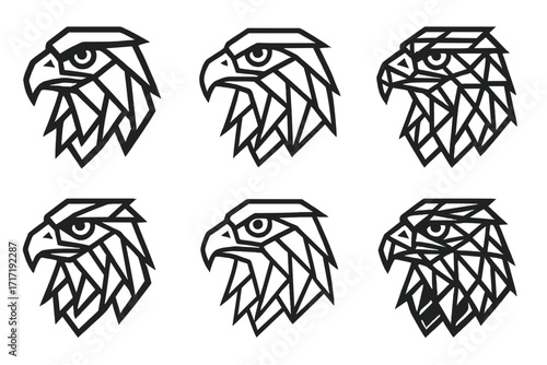 Stylized geometric eagle head illustration, tribal vector icon set, sharp angular design, strong bird of prey symbol, six unique styles, transparent background, modern graphic collection