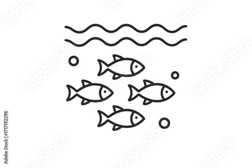 Minimal vector thin line icon illustration of a school of fish underwater, group of fish symbolizing ocean health, environmental conservation concept, aquatic life, ecosystem protection