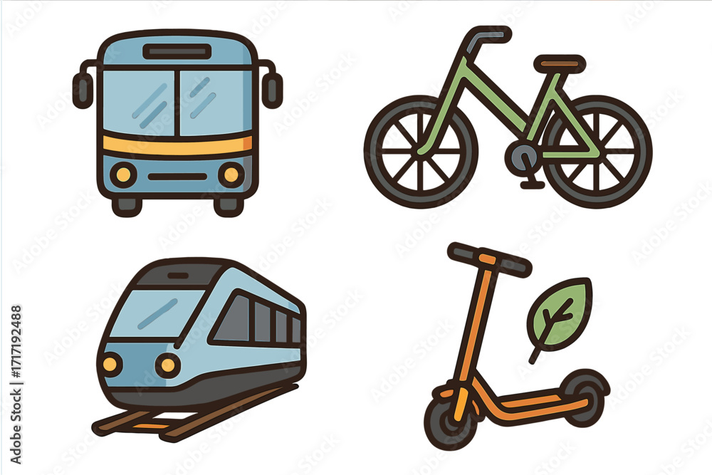 Fototapeta premium Urban transport icons set for public mobility and eco-friendly travel with bus, bike, train, and electric scooter - cartoon vector illustration with transparent background