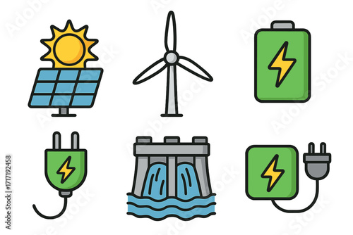 Renewable energy icons set with solar panel, wind turbine, electric battery, power plug, hydroelectric dam, green energy symbols, eco-friendly cartoon vector illustration