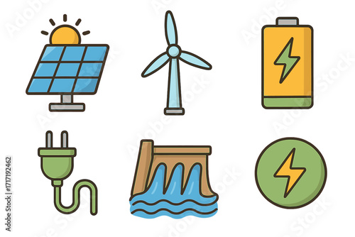 Renewable energy icons set with solar panel, wind turbine, battery, electric plug, hydroelectric dam, and energy symbol, cartoon vector illustration with transparent background