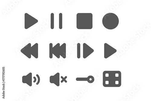 Minimalist media and motion control icons set for digital interfaces, vector cartoon illustration with transparent background, playback, volume, navigation, and settings symbols collection