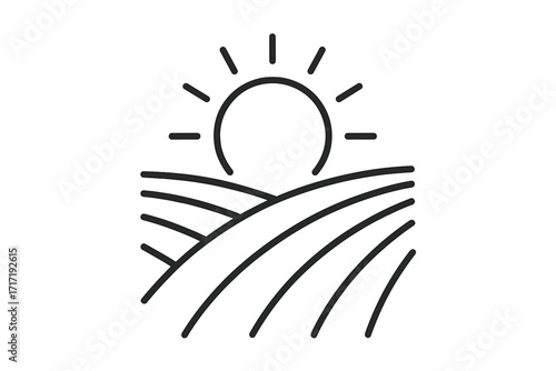 Thin line vector icon of sun rising or setting over rural farmland, agricultural fields at sunrise or sunset, countryside landscape illustration, nature, calm horizon