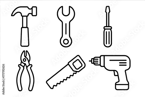 Set of simple linear tool icons hammer wrench screwdriver pliers saw drill vector cartoon illustration transparent background ordered collection repair and construction tools