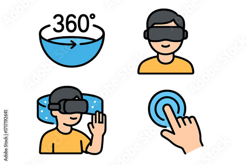 Virtual reality icons set with 360 degree panoramic view, immersive VR headset user, interactive hand gesture control, augmented reality experience, vector cartoon illustration
